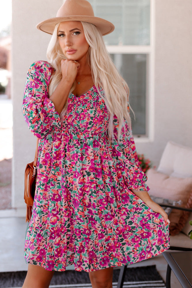 Mikaela Smocked V Neck Puffy Sleeve Floral Dress