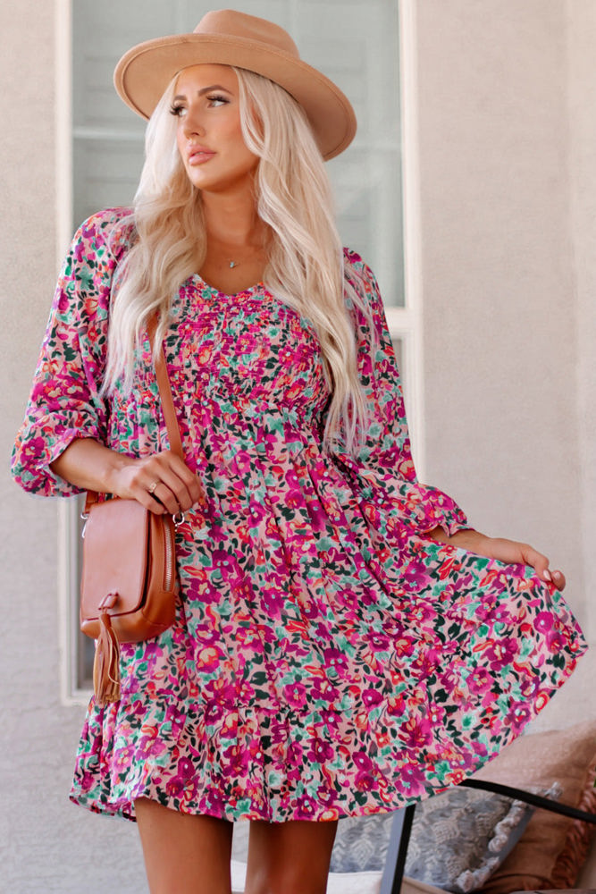 Mikaela Smocked V Neck Puffy Sleeve Floral Dress