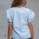  Mila Contrast Leopard Trim Split Neck Puff Sleeve Blouse