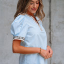  Mila Contrast Leopard Trim Split Neck Puff Sleeve Blouse