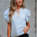  Mila Contrast Leopard Trim Split Neck Puff Sleeve Blouse