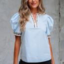 Mila Contrast Leopard Trim Split Neck Puff Sleeve Blouse