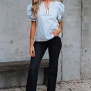  Mila Contrast Leopard Trim Split Neck Puff Sleeve Blouse