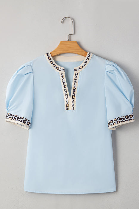 Mila Contrast Leopard Trim Split Neck Puff Sleeve Blouse