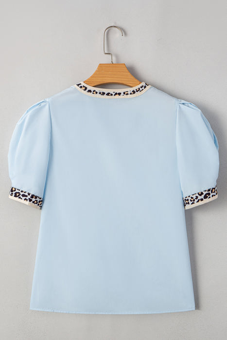 Mila Contrast Leopard Trim Split Neck Puff Sleeve Blouse