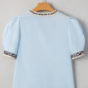  Mila Contrast Leopard Trim Split Neck Puff Sleeve Blouse
