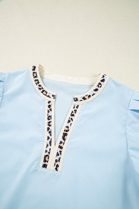 Mila Contrast Leopard Trim Split Neck Puff Sleeve Blouse