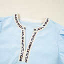  Mila Contrast Leopard Trim Split Neck Puff Sleeve Blouse