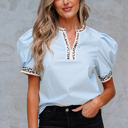 Beau Blue XL Mila Contrast Leopard Trim Split Neck Puff Sleeve Blouse