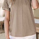 Pale Khaki Large Milan Seamed Detail Contrast Lace Raglan Sleeve Tee