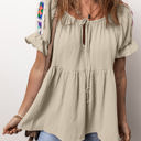 Smoke Gray Medium Milana Crinkle Embroidered Patched Bubble Sleeve Tied Neck Blouse