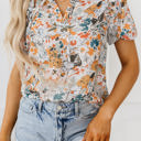  Milena Split V Neck Puff Sleeve Flower Print Blouse