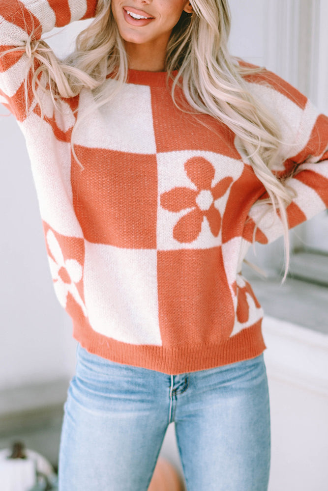 Miller Checkered Floral Striped Sleeve Sweater