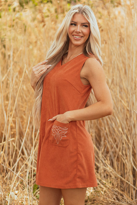 Molly Corduroy Western Embroidered Patched Pocket Mini Dress