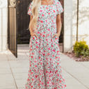  Molly Floral Square Neck Empire Waist Tiered Maxi Dress