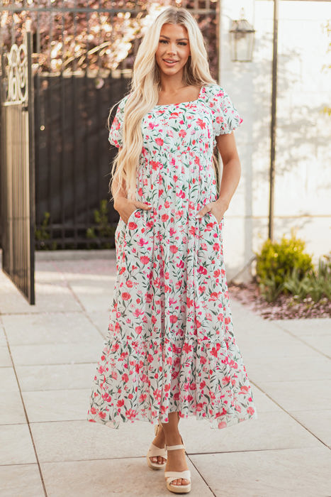 Molly Floral Square Neck Empire Waist Tiered Maxi Dress