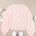  Molly Openwork Plaid Puff Sleeve Cropped Sweater