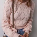 Gossamer Pink Large Molly Openwork Plaid Puff Sleeve Cropped Sweater