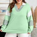  Moonlight Jade Color Block Striped Patchwork Collar V Neck Plus Size Sweatshirt