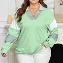  Moonlight Jade Color Block Striped Patchwork Collar V Neck Plus Size Sweatshirt