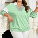  Moonlight Jade Color Block Striped Patchwork Collar V Neck Plus Size Sweatshirt