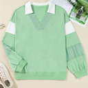  Moonlight Jade Color Block Striped Patchwork Collar V Neck Plus Size Sweatshirt
