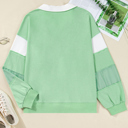  Moonlight Jade Color Block Striped Patchwork Collar V Neck Plus Size Sweatshirt