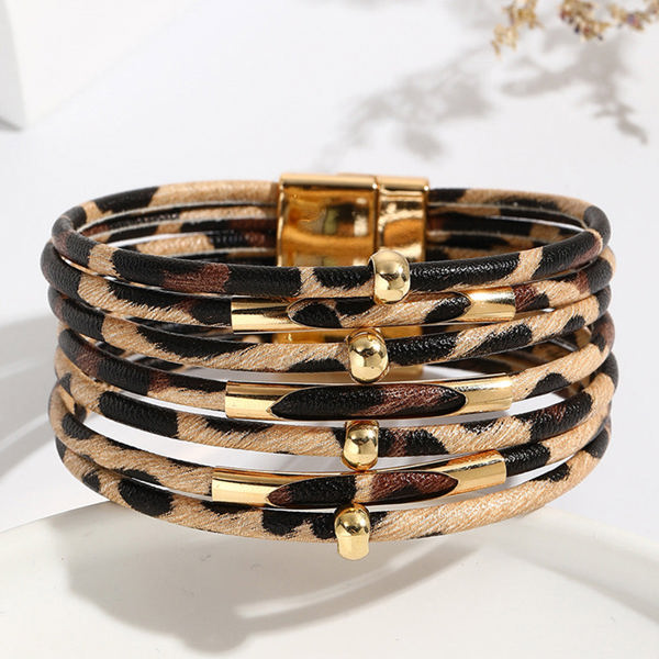 Multi-layer Leopard Beaded Magnet Buckle Bracelet