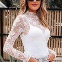  Myla Sheer Floral Lace Mesh Mock Neck Long Sleeve Top