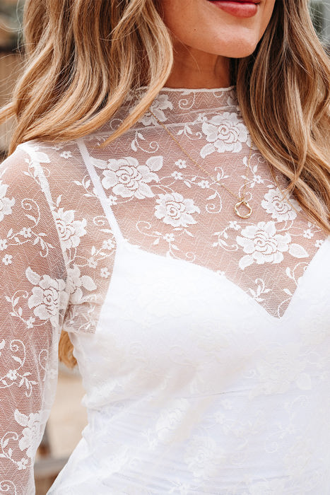 Myla Sheer Floral Lace Mesh Mock Neck Long Sleeve Top