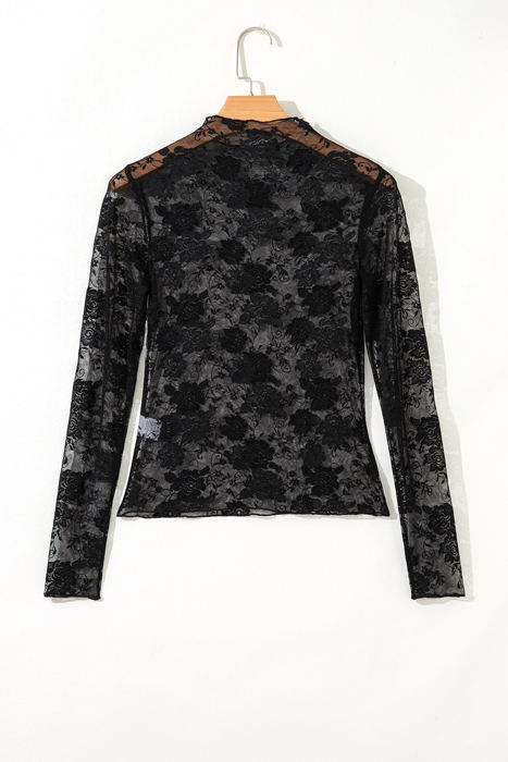 Myla Sheer Floral Lace Mesh Mock Neck Long Sleeve Top