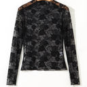 Black Medium Myla Sheer Floral Lace Mesh Mock Neck Long Sleeve Top