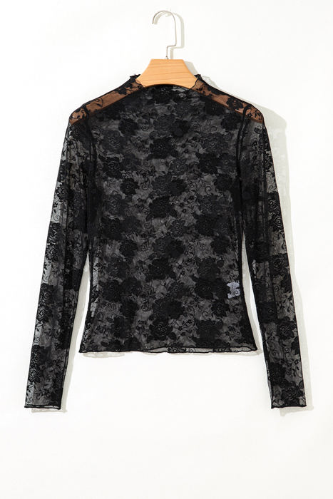 Myla Sheer Floral Lace Mesh Mock Neck Long Sleeve Top