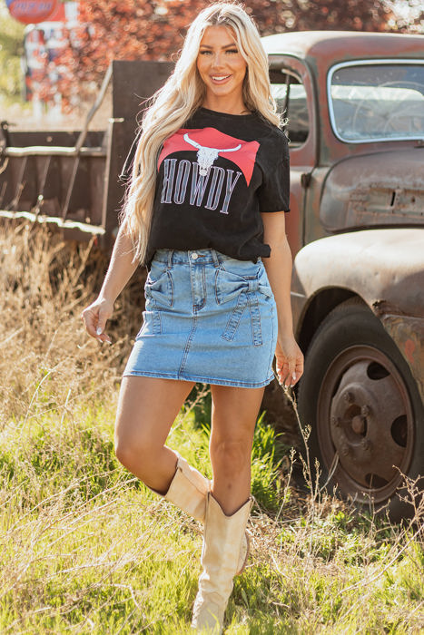 Nancy Acid Wash Bowknot Details High Waist Denim Skirt
