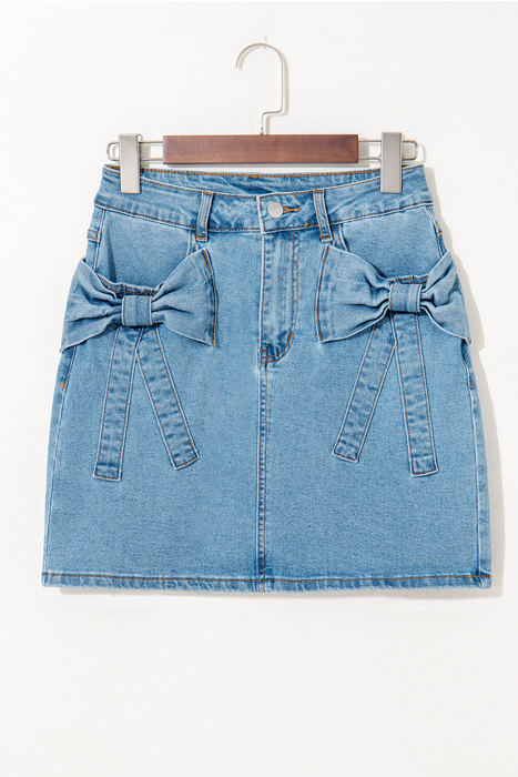 Nancy Acid Wash Bowknot Details High Waist Denim Skirt