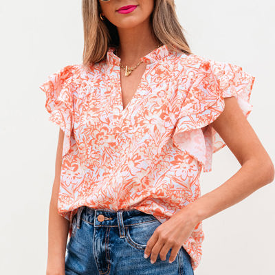 Nancy Floral Ruffle Sleeve Split Neck Blouse