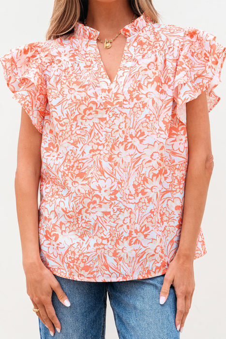 Nancy Floral Ruffle Sleeve Split Neck Blouse