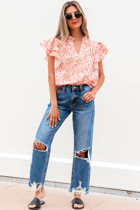 Nancy Floral Ruffle Sleeve Split Neck Blouse