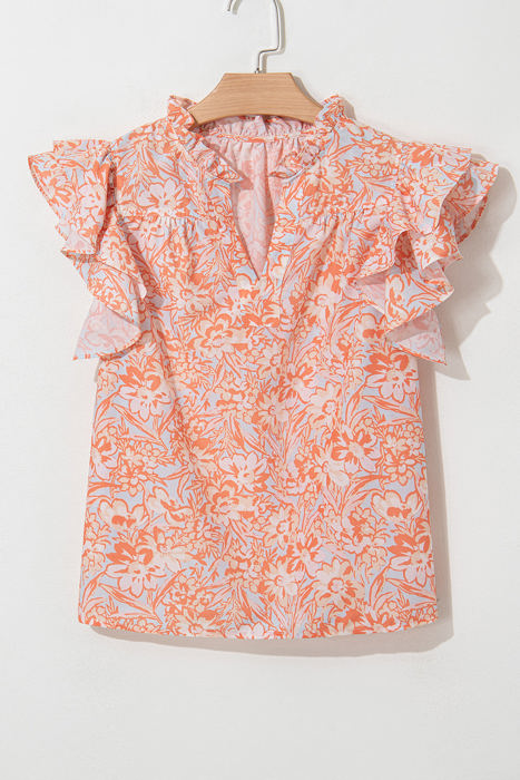 Nancy Floral Ruffle Sleeve Split Neck Blouse