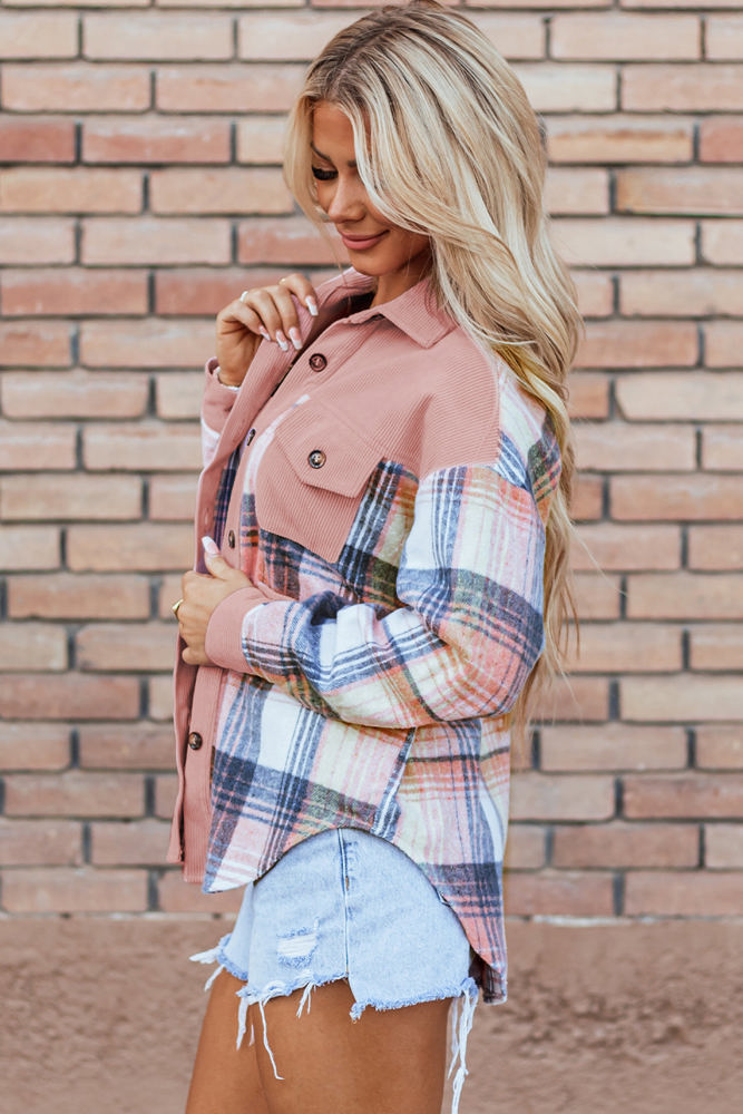 Nancy Plaid Corduroy Patchwork Shacket