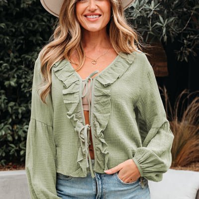 Natalia Bow Tie Front Ruffle Trim Long Sleeve Gauze Blouse