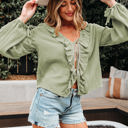  Natalia Bow Tie Front Ruffle Trim Long Sleeve Gauze Blouse