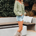  Natalia Bow Tie Front Ruffle Trim Long Sleeve Gauze Blouse