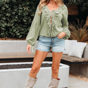  Natalia Bow Tie Front Ruffle Trim Long Sleeve Gauze Blouse
