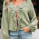  Natalia Bow Tie Front Ruffle Trim Long Sleeve Gauze Blouse