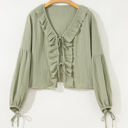  Natalia Bow Tie Front Ruffle Trim Long Sleeve Gauze Blouse