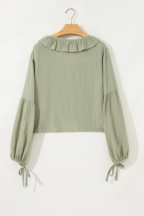 Natalia Bow Tie Front Ruffle Trim Long Sleeve Gauze Blouse