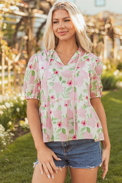 Natasha Floral Drawstring V Neck Peplum Blouse