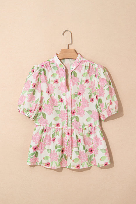 Natasha Floral Drawstring V Neck Peplum Blouse