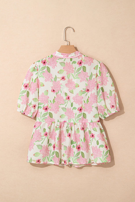 Natasha Floral Drawstring V Neck Peplum Blouse